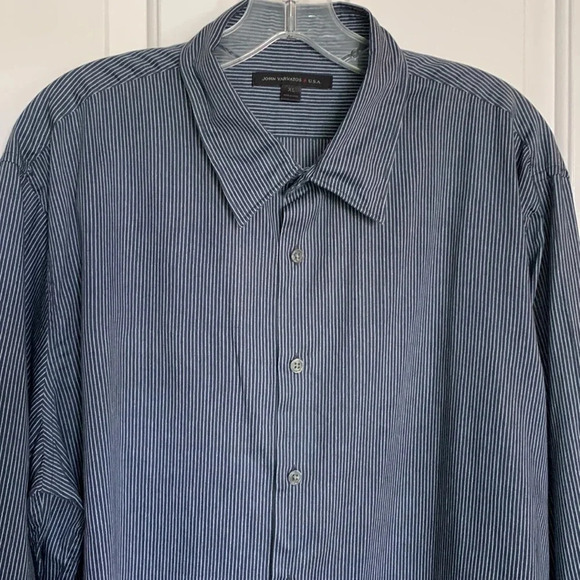 EUC MENS JOHN VARVATOS NAVY WITH WHITE STRIPES COTTON SHIRT SIZE XL SEE NOTES - Picture 2 of 8